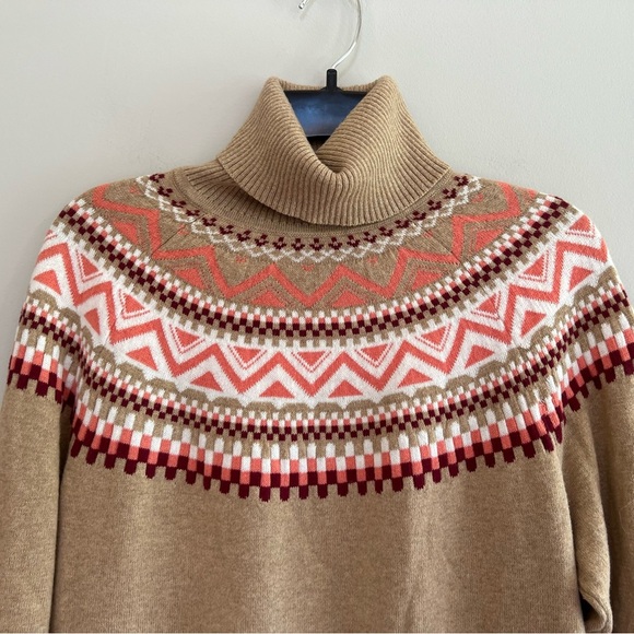 LL Bean Fair Isle Yolk Turtleneck Cotton Cashmere Sweater Tan and Coral, S - Picture 4 of 8